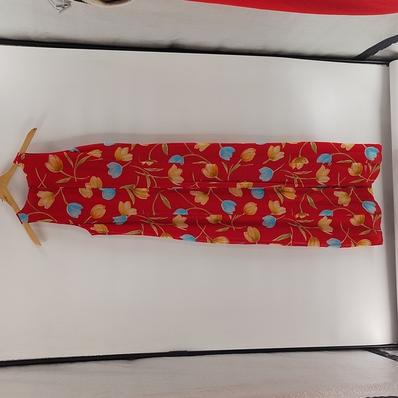 Harold's Floral Red Maxi Dress Size 14 Sleeveless Tulip Print Blue Peach Summer - Picture 5 of 6